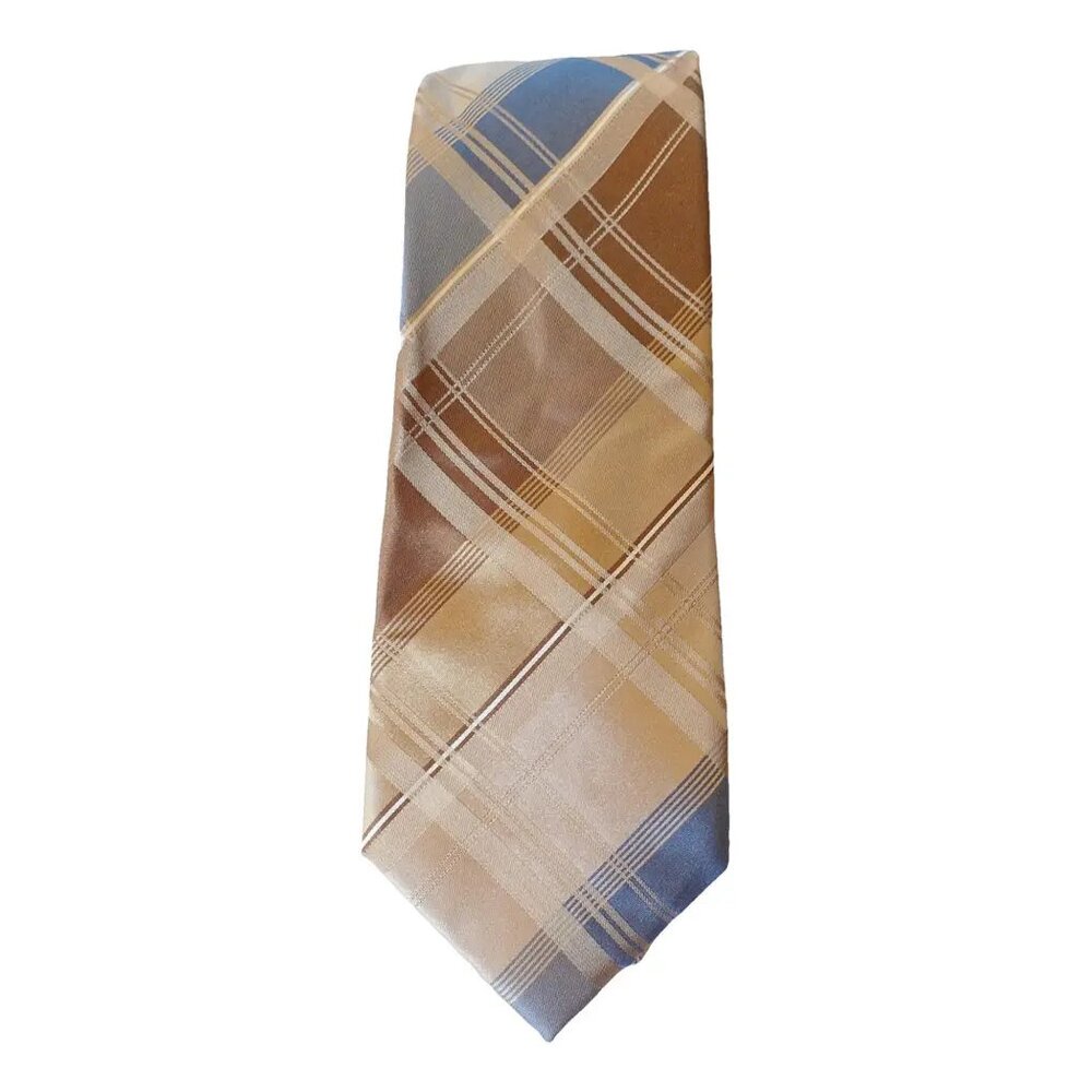 SEAN JOHN Tan Beige Blue Large Plaid Silk Classic Tie